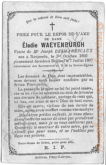 Elodie WAEYENBURGH veuve de Joseph DESMARESCAUX, dcde  Bailleul, le 07 Juillet 1897 (34 ans).